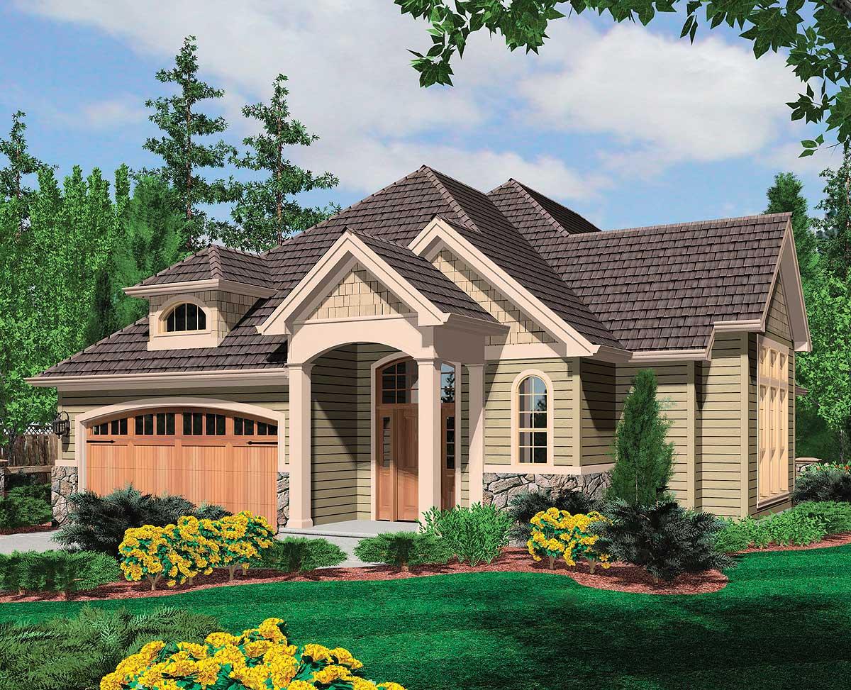 House plan exterior: one-story Modern Farmhouse with arched garage door, stone accents, dormer window, and covered front porch with columns.
