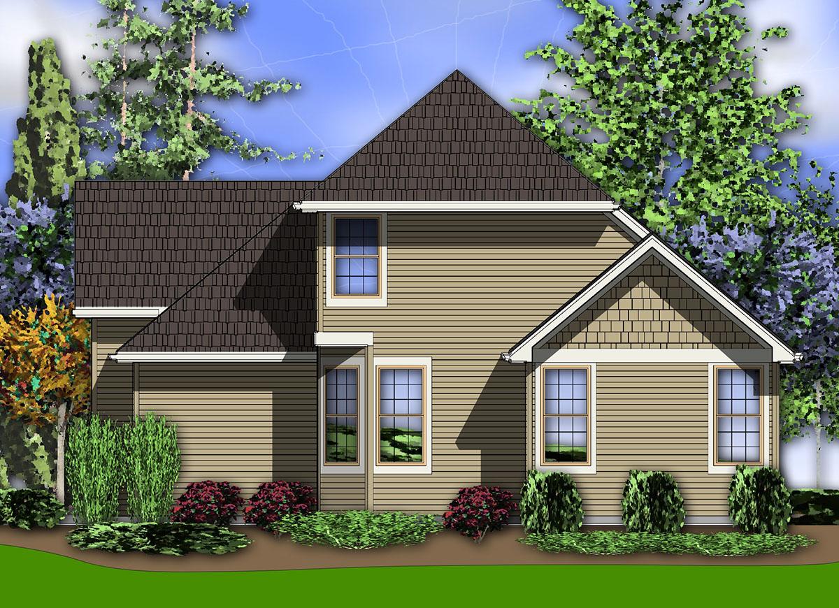 House plan exterior of a two-story home with a gambrel roof, horizontal siding, and a gable with decorative shingles.