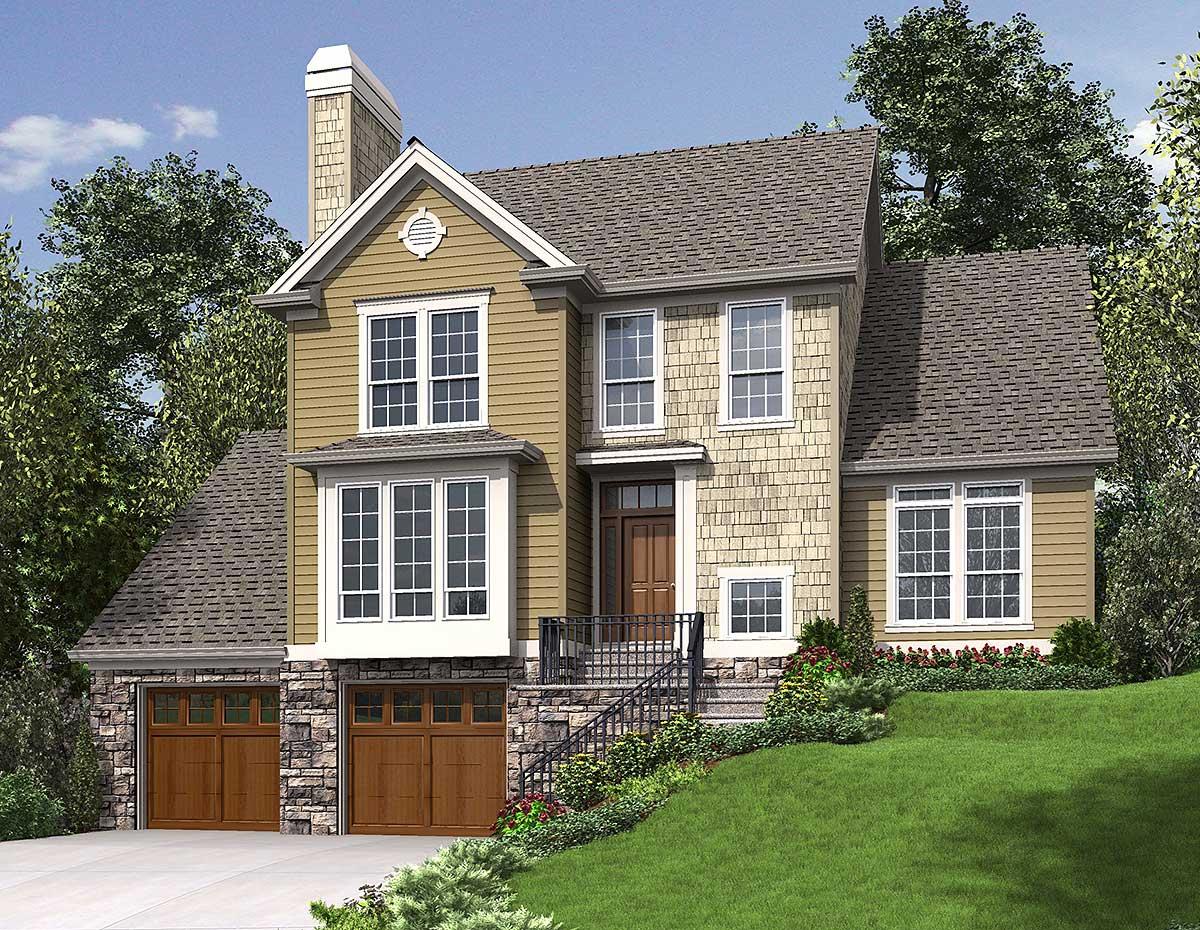 House plan exterior: Two-story home with stone foundation, gable dormer, prominent chimney, and side-entry garage.