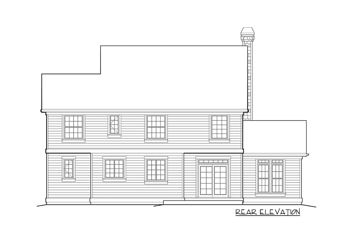 Rear elevation drawing of a two-story house plan featuring a prominent chimney, multiple windows, and French doors.