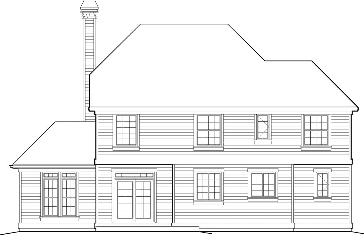 House plan exterior: Two-story elevation with a prominent chimney, multiple gabled dormers, and a central double door.