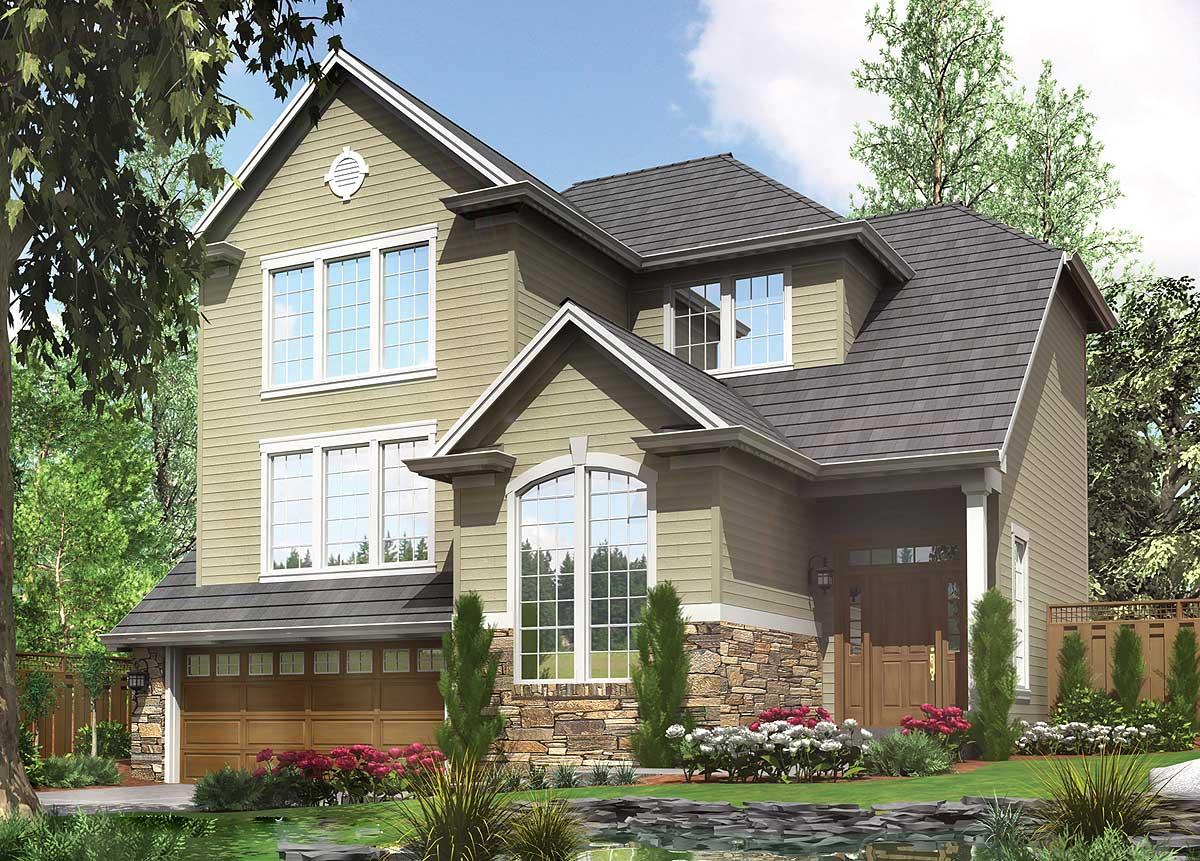 House plan exterior rendering with stone foundation, multiple gables, arched window, and two-car garage.