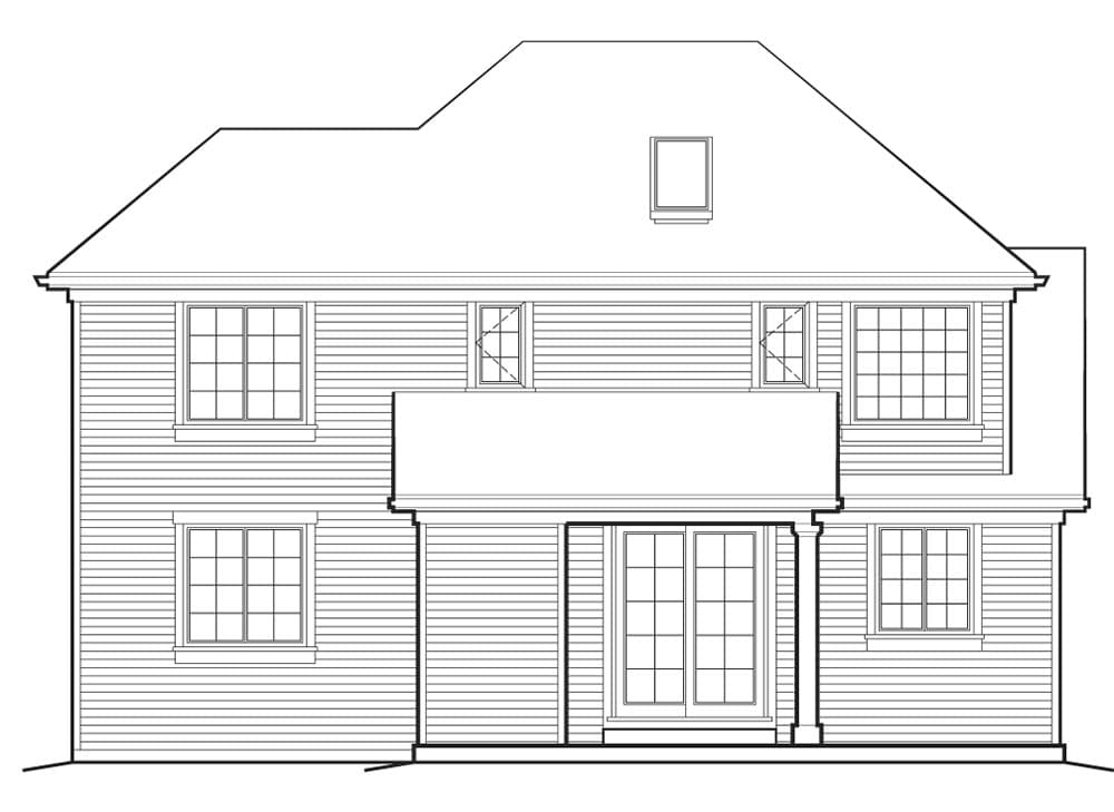 House plan exterior: Two-story home with symmetrical windows, a balcony, and a prominent dormer.