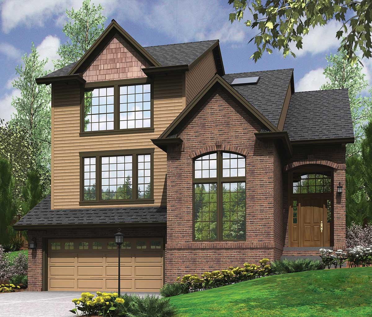 Two-story house plan exterior with brick and siding, arched entry, and a two-car garage.