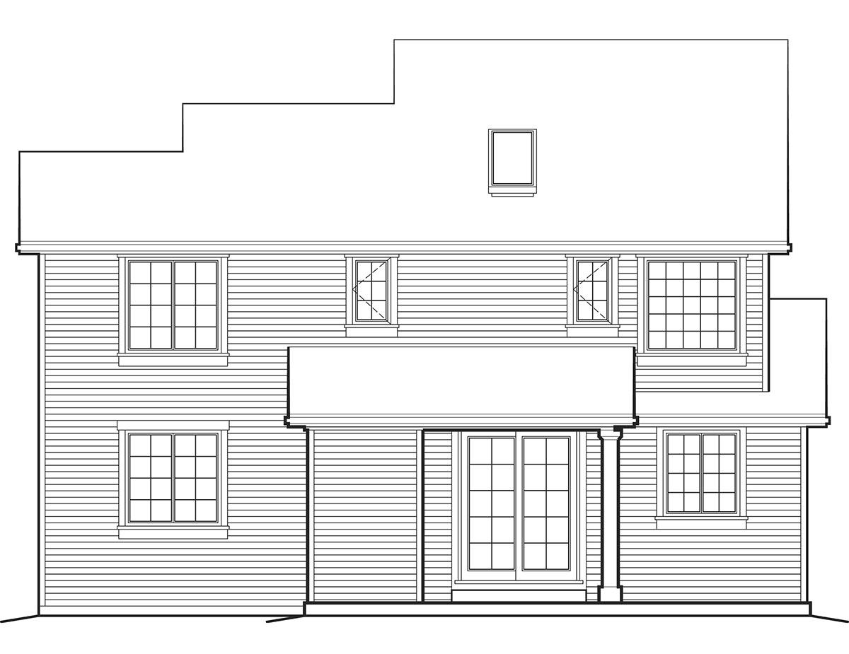 House plan exterior drawing of a two-story home with multiple windows, a covered porch, and a stepped roofline.