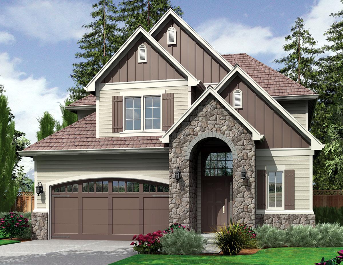 House plan exterior: Two-story home with stone entryway, arched window, gable dormers, and two-car garage.