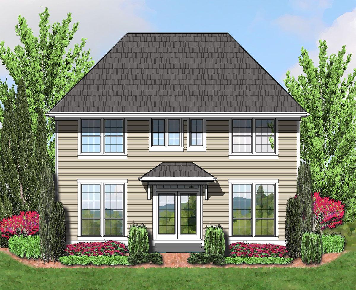 House plan exterior view of a two-story home with a central gabled entrance, double-hung windows, and hip roof.