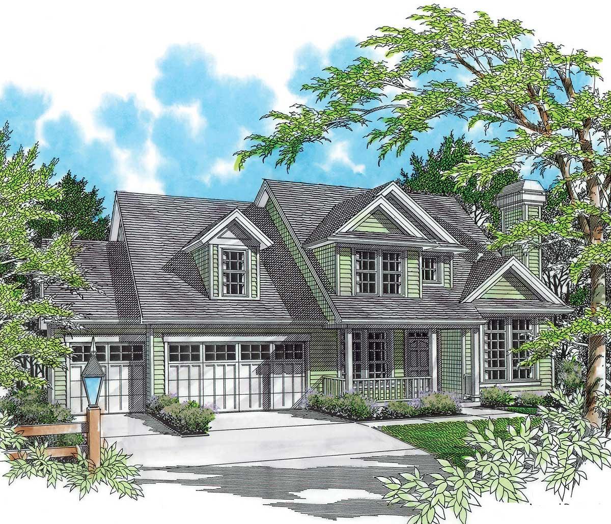 House plan exterior: two-story home with a gabled front, dormer windows, and a covered front porch. Three-car garage.