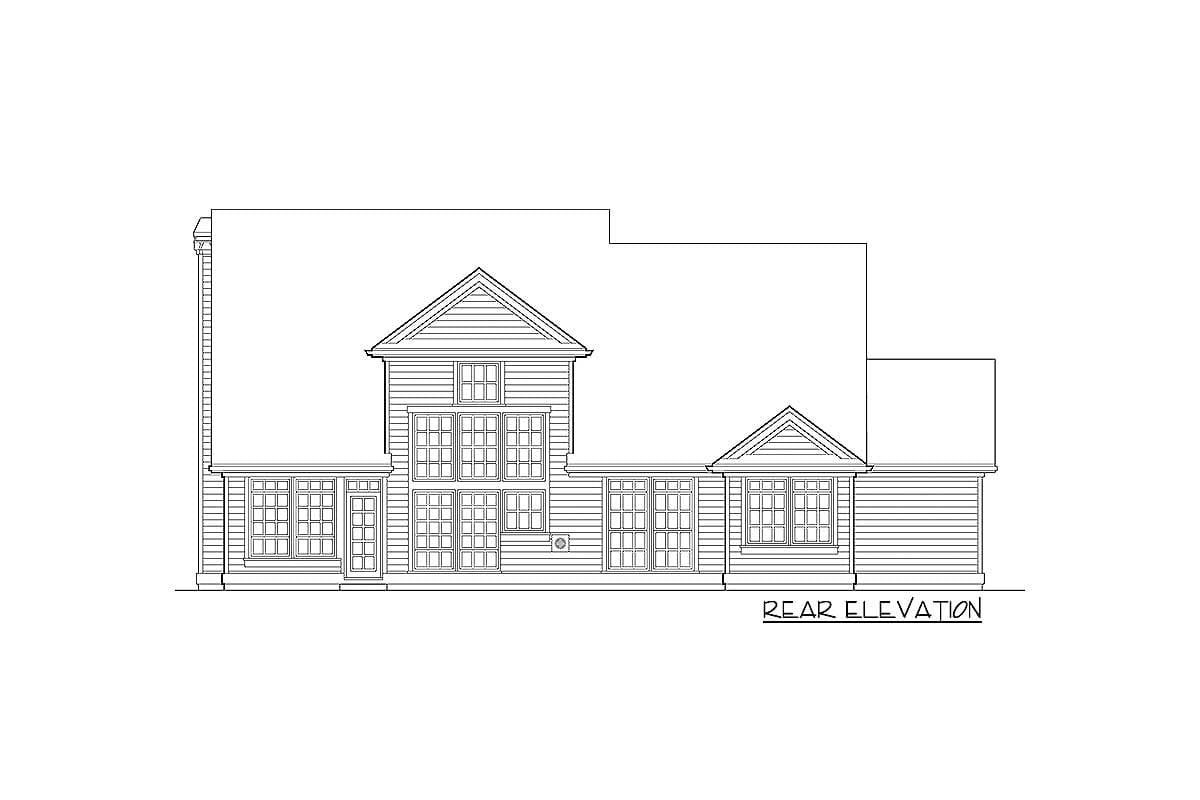 Rear elevation drawing of a two-story house plan with multiple gables, a dormer, and abundant multi-pane windows.