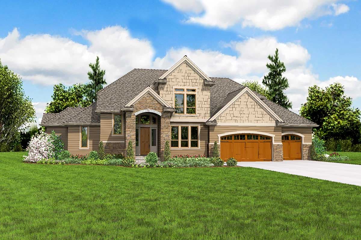 House plan exterior: Two-story Modern Farmhouse with stone accents, arched entry, and a three-car side-facing garage.