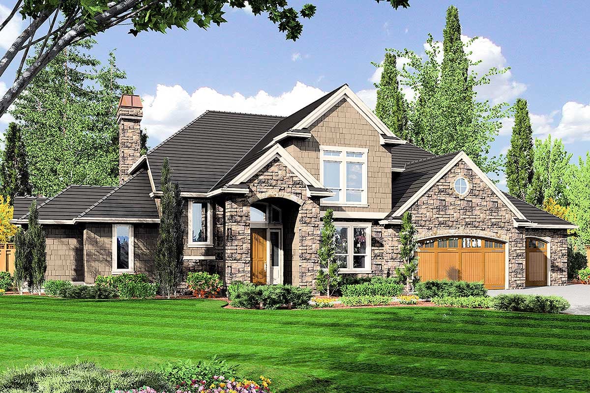 House plan exterior with stone and shingle siding, arched entry, prominent chimney, and a side-entry garage.