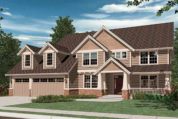 Craftsman style house plan exterior: Two-story, double garage, prominent gables, dormers, and covered front entry with porch.