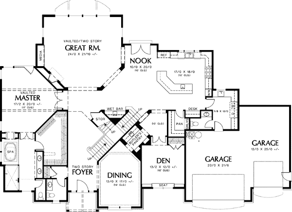 Plan 69140AM: Two-Story Great Room with Media Center - Floor Plan - Main Level - European