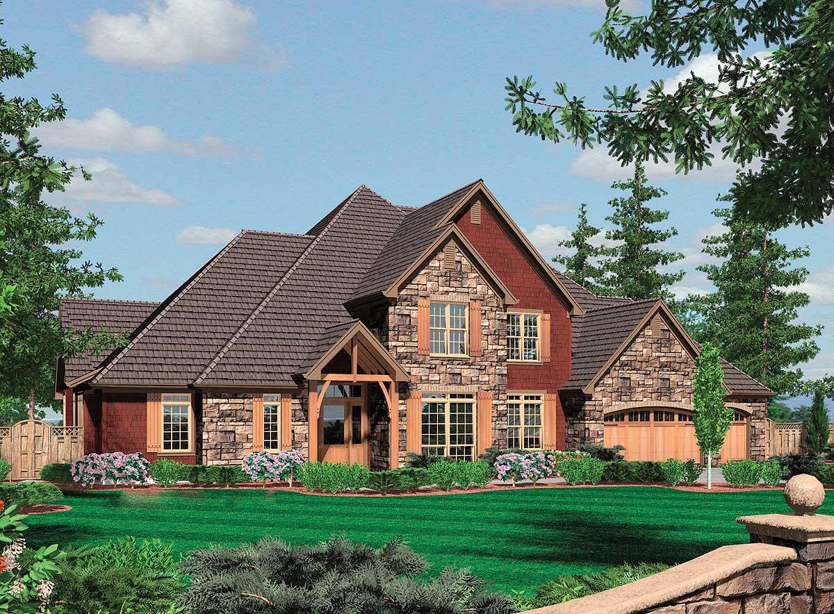 House plan exterior features stone and wood facade, multiple gables, steep rooflines, and an arched entry.
