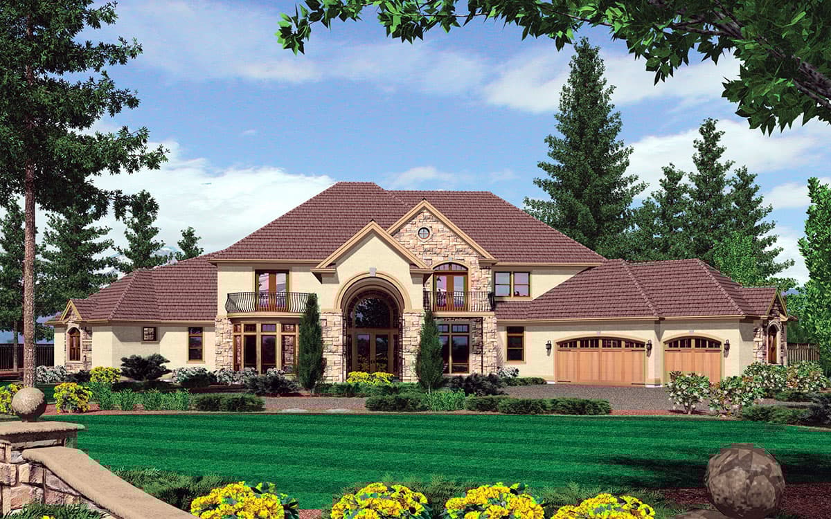 House plan exterior: Two-story home with arched entry, stone accents, multiple gables, balconies, and a three-car garage.