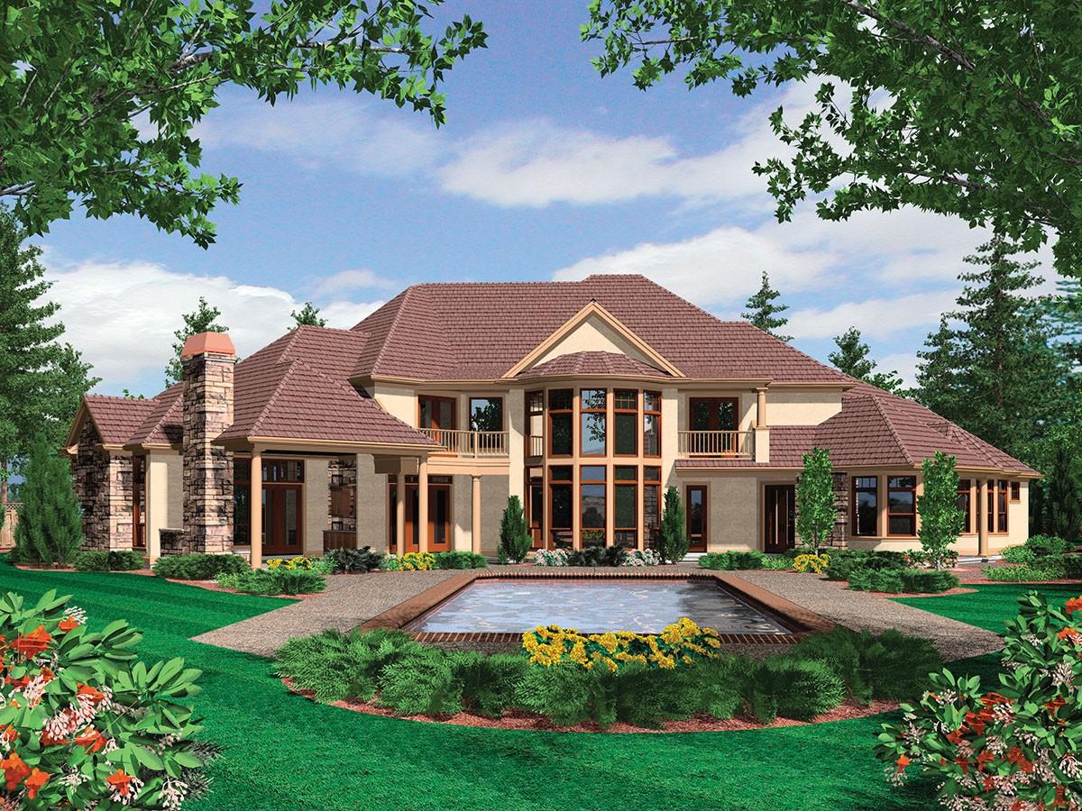 House plan exterior view of a two-story home with stone accents, multiple gables, a central bay window, and a balcony.