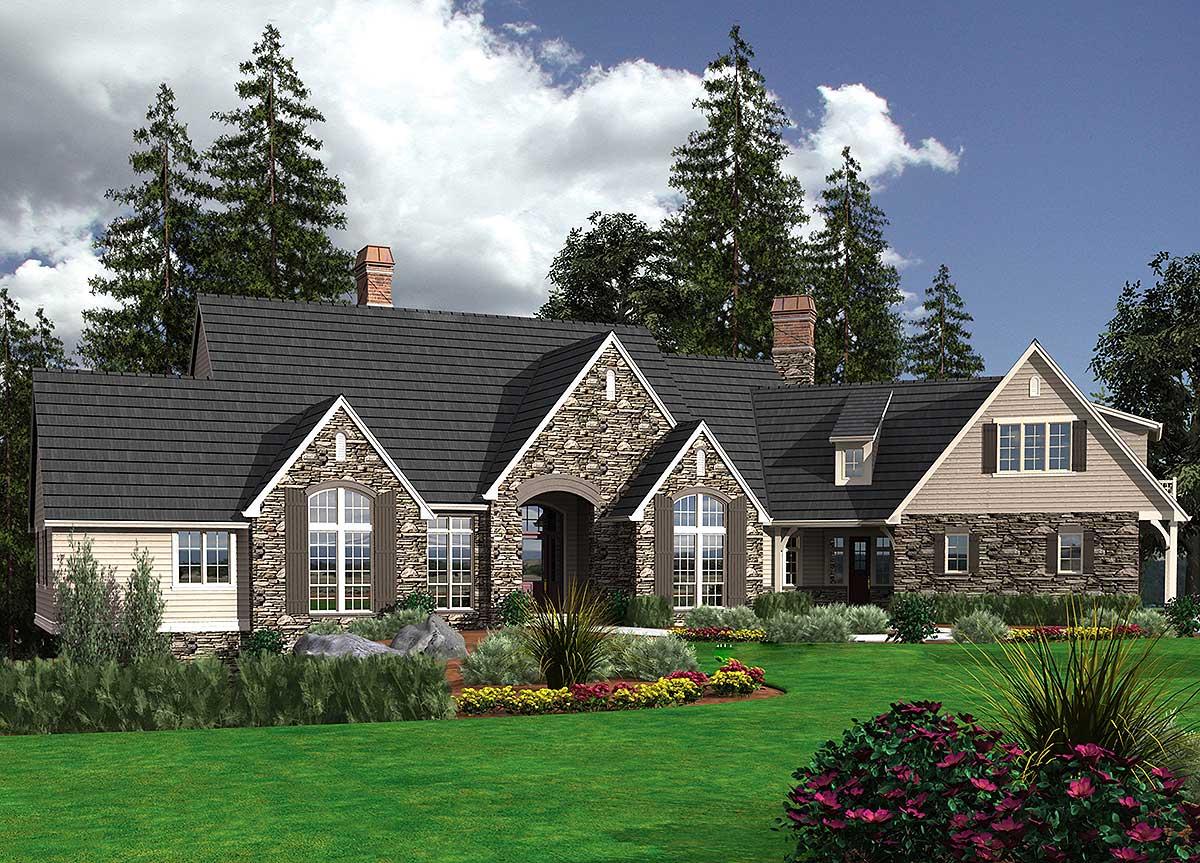 House plan exterior: Stone and shingle facade with prominent gables, arched entryway, and dormer windows.