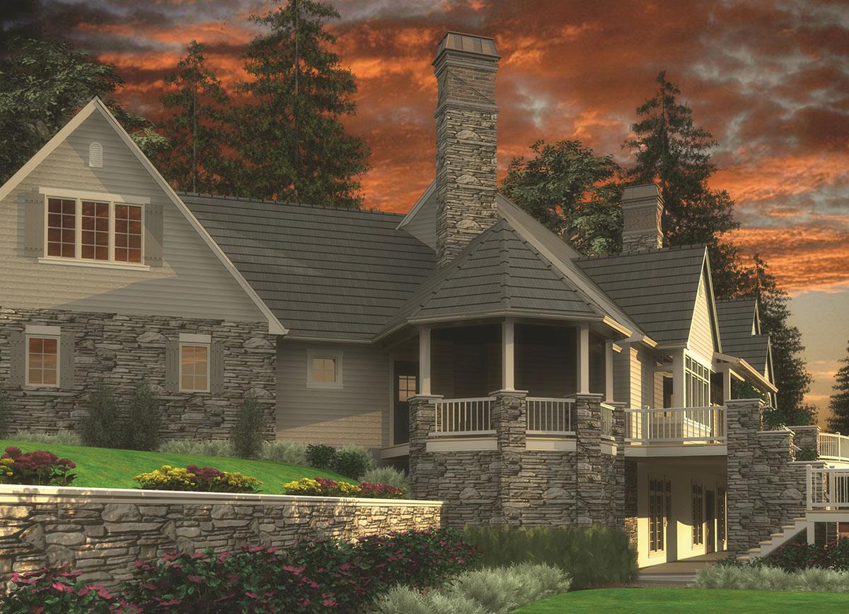 House plan exterior: Two-story home with stone accents, prominent chimneys, multiple gables, and covered porches.
