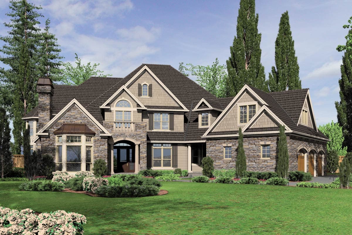 House plan exterior: Two-story home with stone accents, prominent gables, arched entry, bay windows, and a three-car garage.