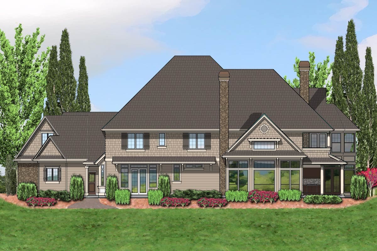 House plan exterior of a two-story home with a prominent stone chimney, multiple gables, and dormers.