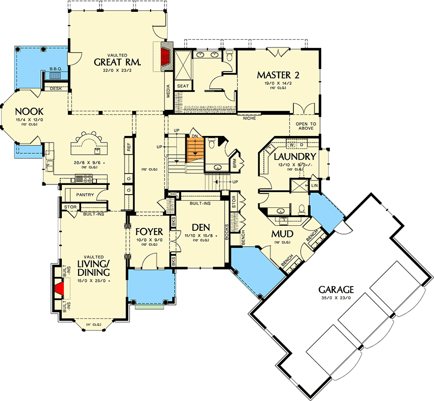 Plan 69145AM: Large European Country Design with Angled Garage - Floor Plan - Main Level - Traditional