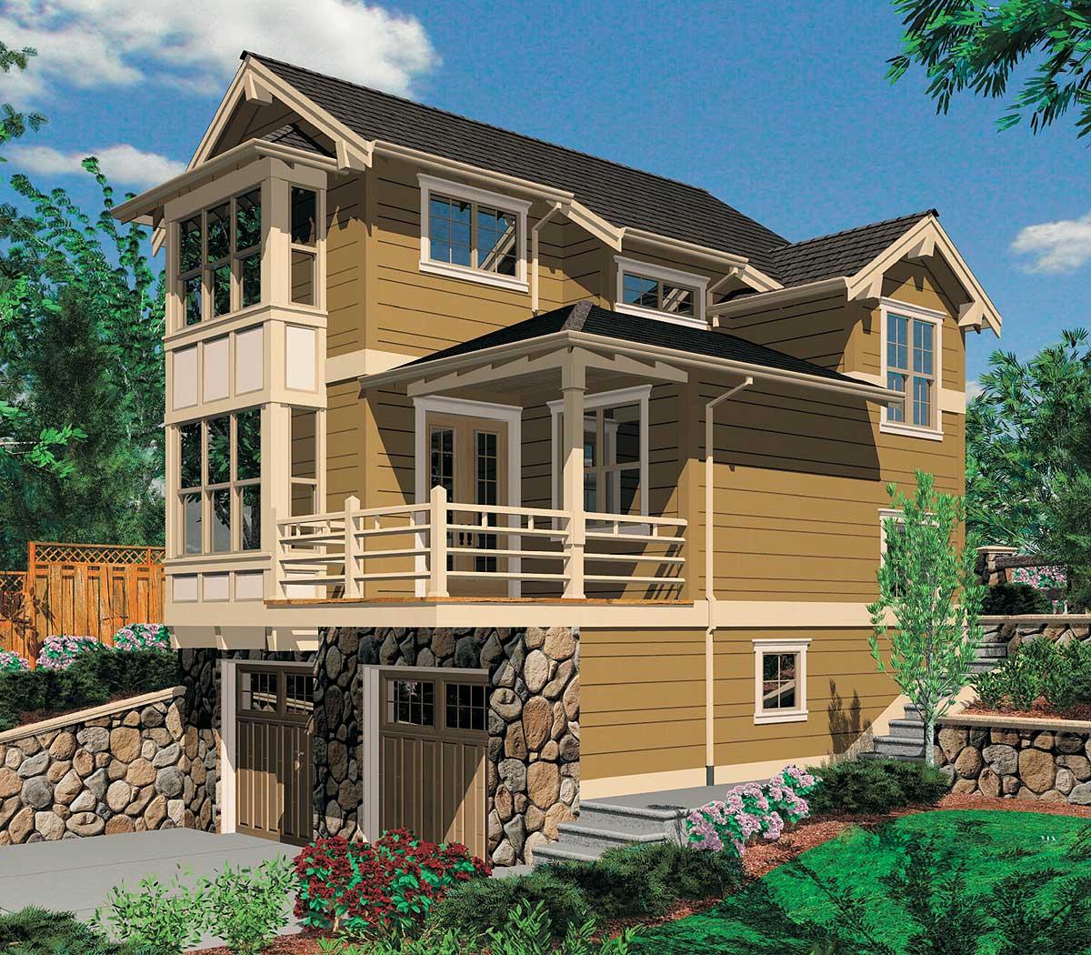 House plan exterior: Three-story home with a covered porch, stone foundation, and a multi-pane bay window.