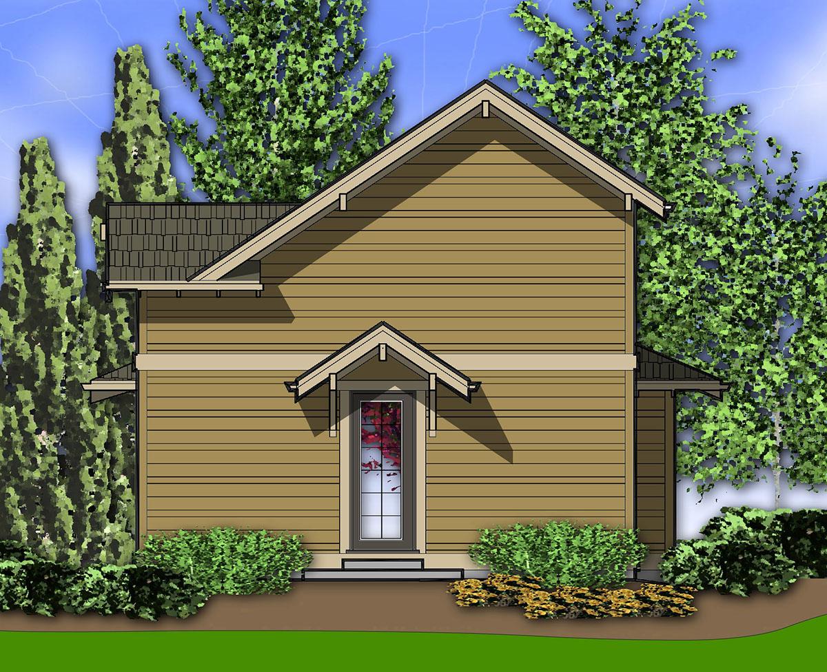 House plan exterior, two-story home with horizontal siding, prominent gable roof, and covered entry with a transom window.