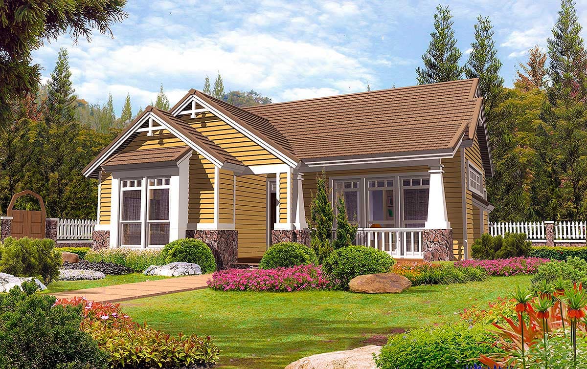 House plan exterior: Craftsman style, one story, with gable detailing, stone accents, and front porch.