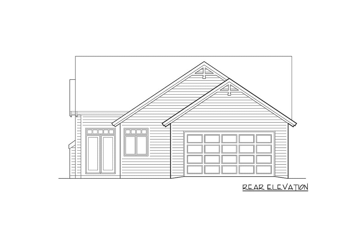 Rear elevation drawing of a house plan featuring a two-car garage, a window, and double doors.