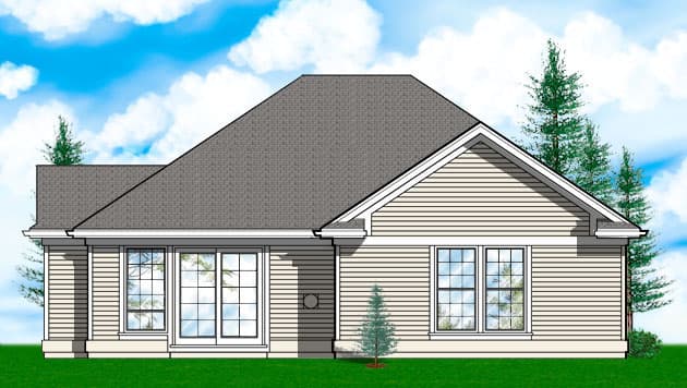 House plan exterior view: One-story, hip roof, horizontal siding, multiple windows, and double glass doors.