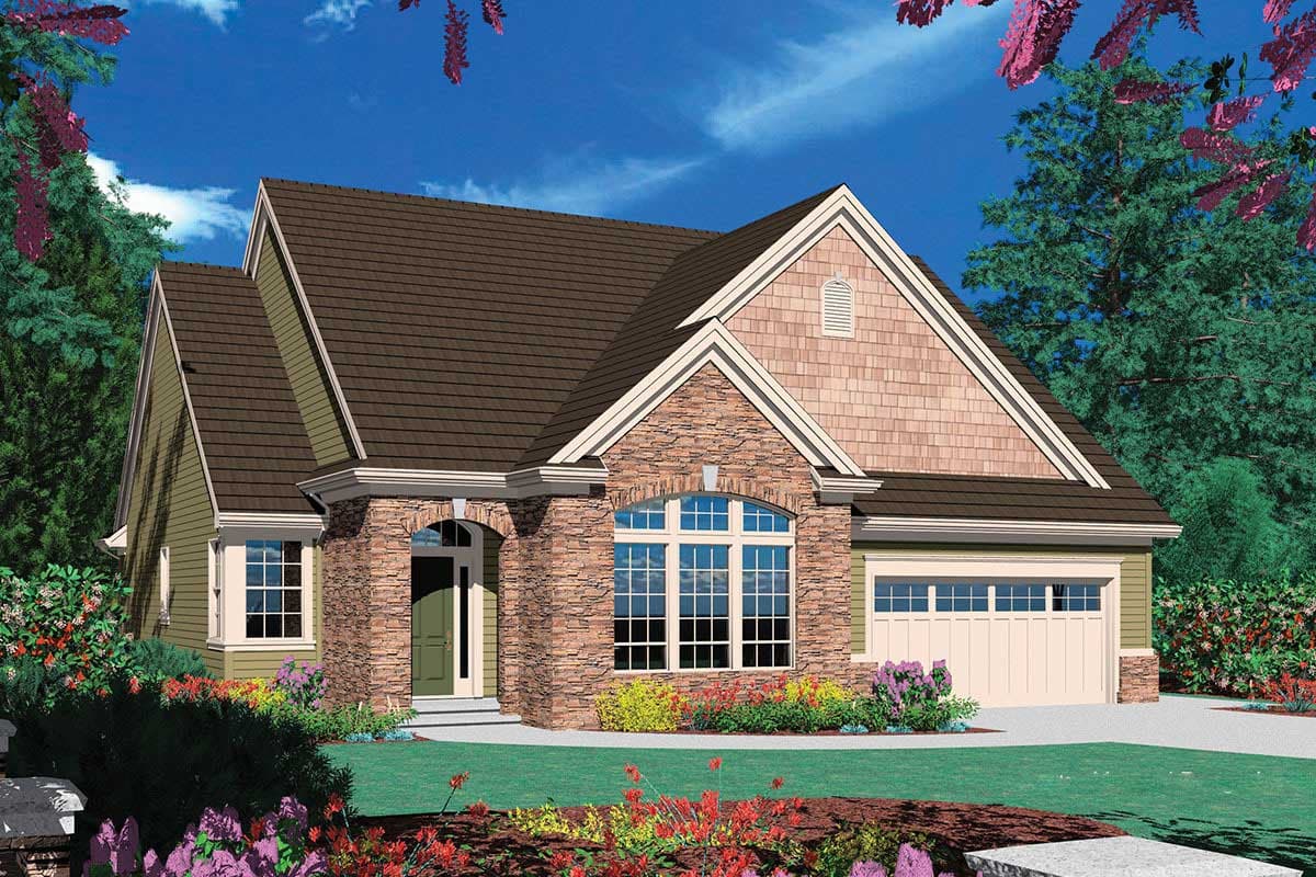 House plan exterior with stone facade, arched entryway, multiple gables, and side-entry garage.