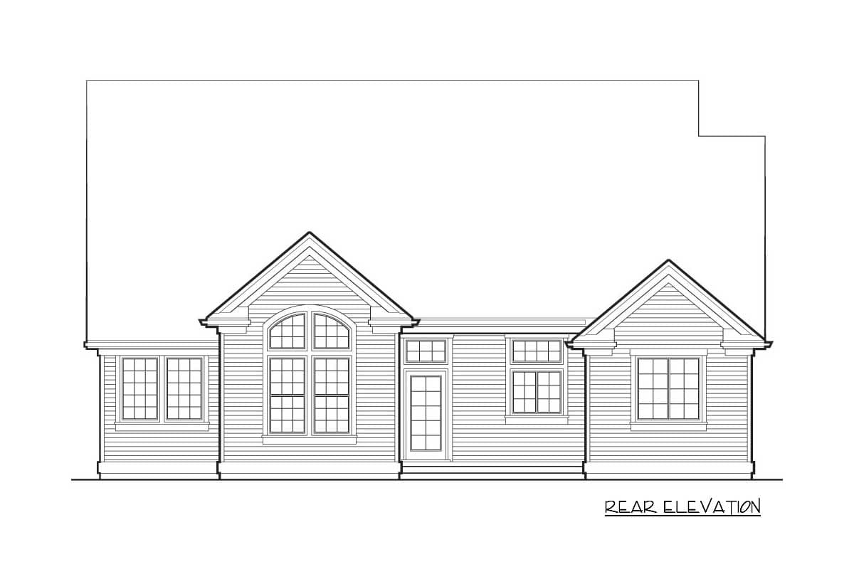 Rear elevation of a house plan with gables, varied window styles including a large arched window, and a central door.