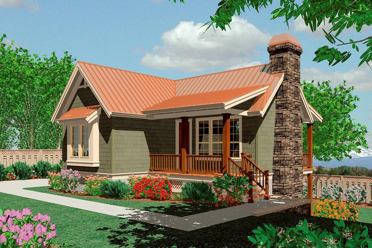 House plan exterior, 1.5 stories, with gables, front porch, and prominent stone chimney.