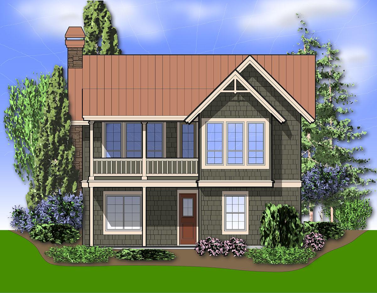 House plan exterior: Two-story home with front balcony, gabled dormer, and prominent chimney.