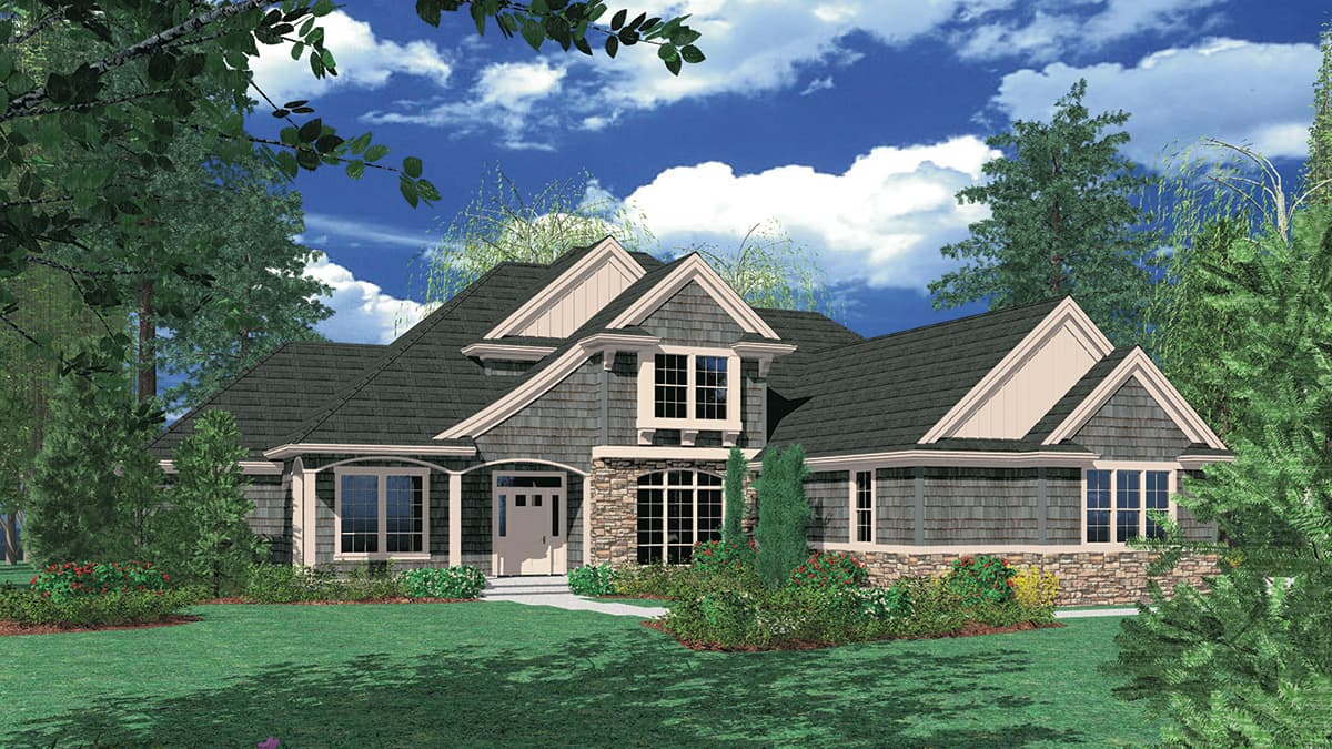 House plan exterior featuring shingle siding, stone accents, multiple gables, and a covered entry porch.