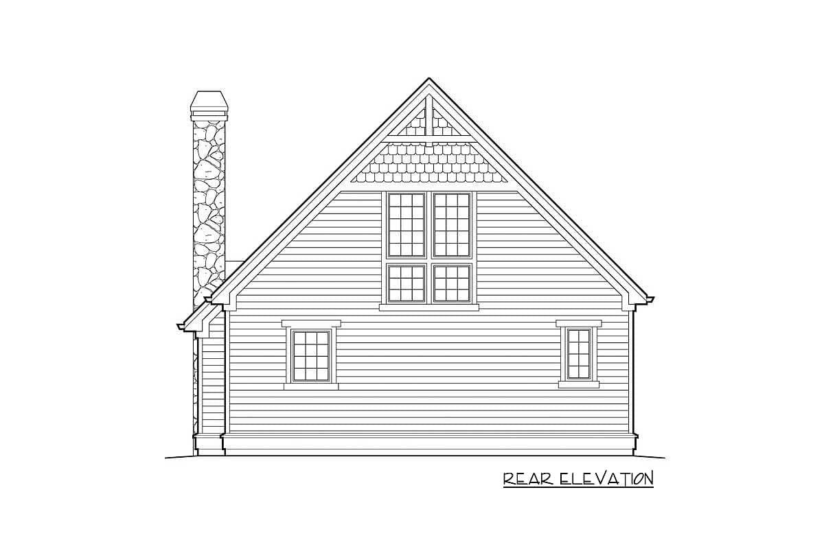 Rear elevation house plan showing a prominent stone chimney, gabled roof with decorative siding, and multiple double-hung windows.