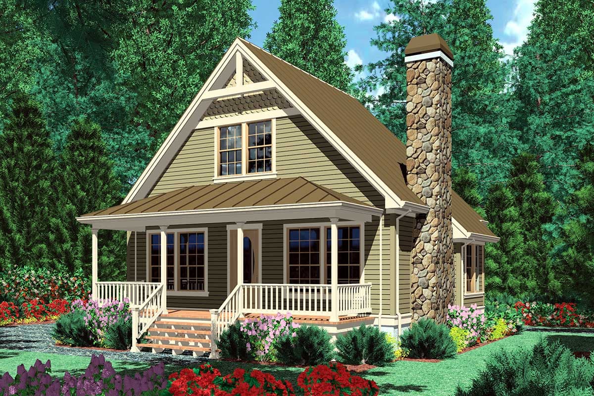 House plan exterior of a two-story home featuring a full porch, prominent stone chimney, and gabled dormer.