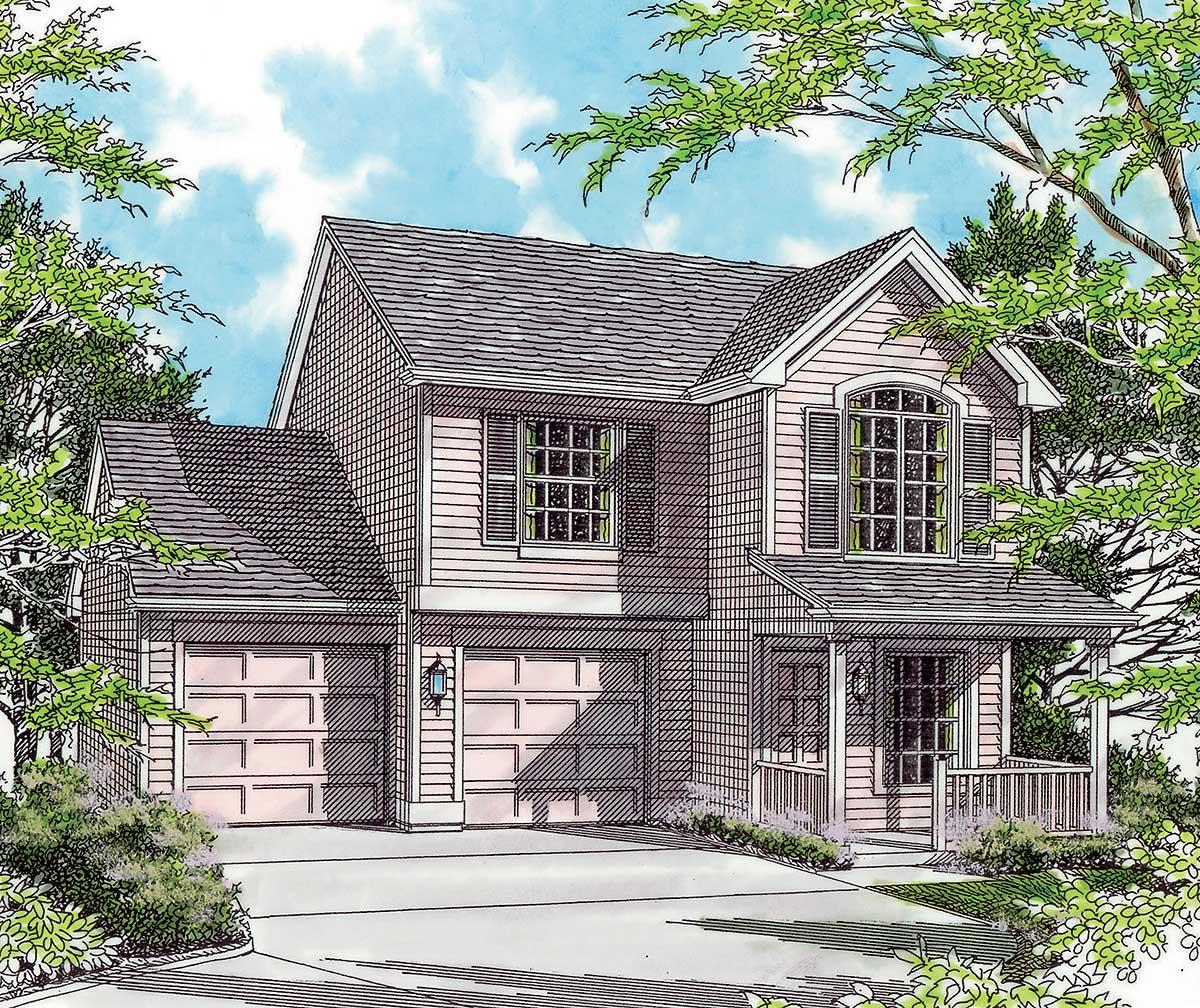 House plan exterior: Two-story home with a gabled roof, front porch, and a three-car garage.