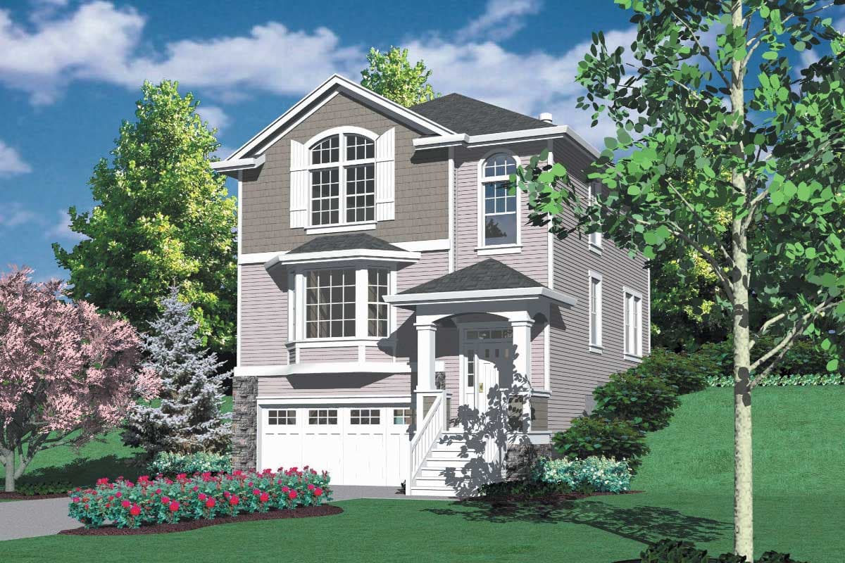 House plan exterior: Three-story home with hip roof, arched window dormer, bay window, covered porch, and attached two-car garage.