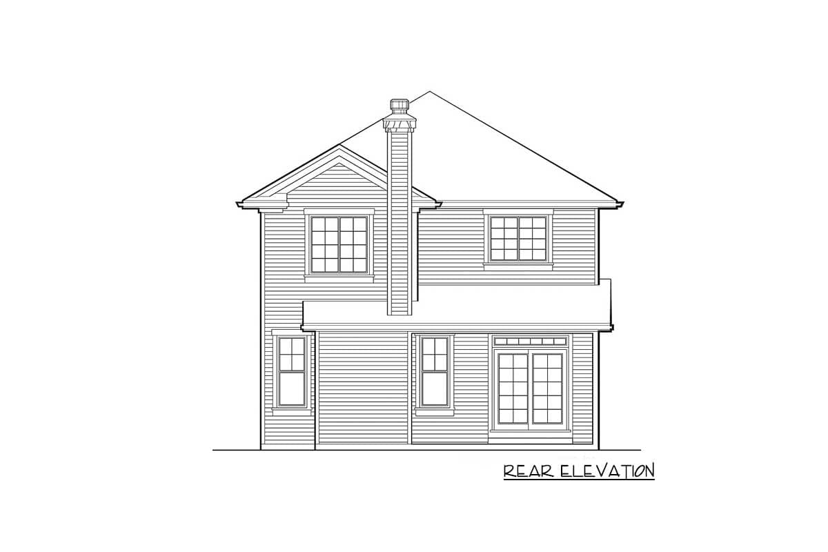 Rear elevation drawing of a two-story house with a gabled roof, prominent chimney, and multiple windows.