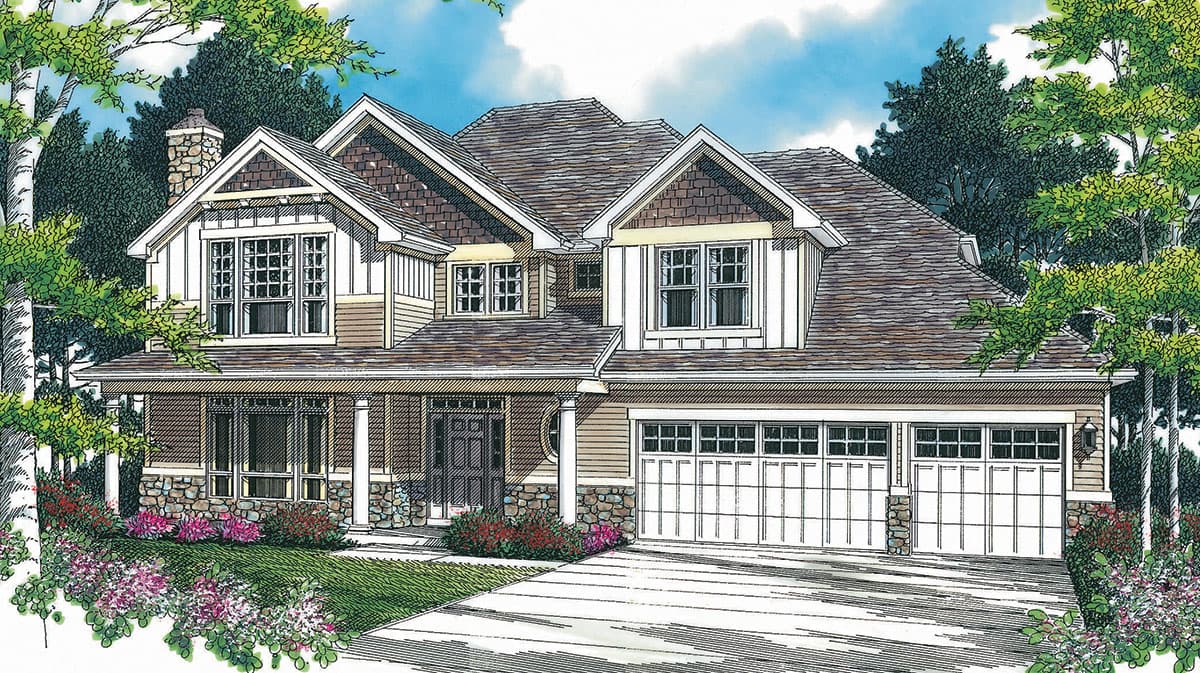 House plan exterior: Two-story home with stone accents, covered porch, multiple gables, dormers, and a three-car garage.