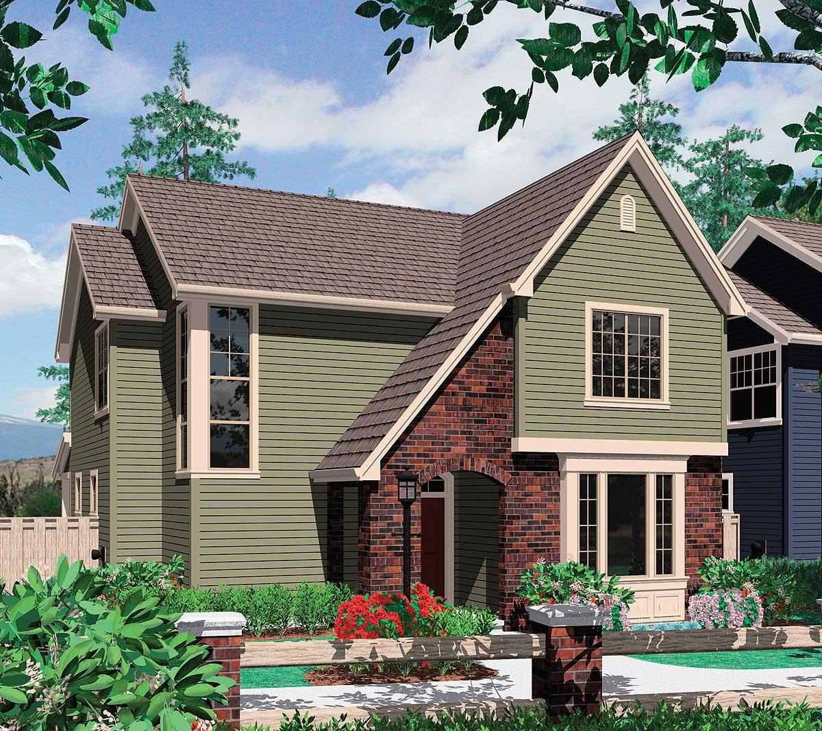 House plan exterior of a two-story home with gables, a brick facade, and a covered entryway.