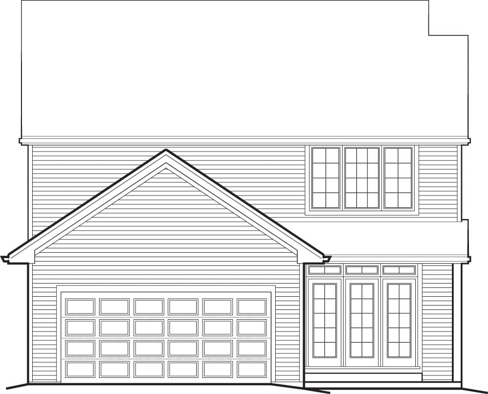 House plan exterior elevation showing a two-story home with a gabled front, a two-car garage, and a central entrance with French doors.