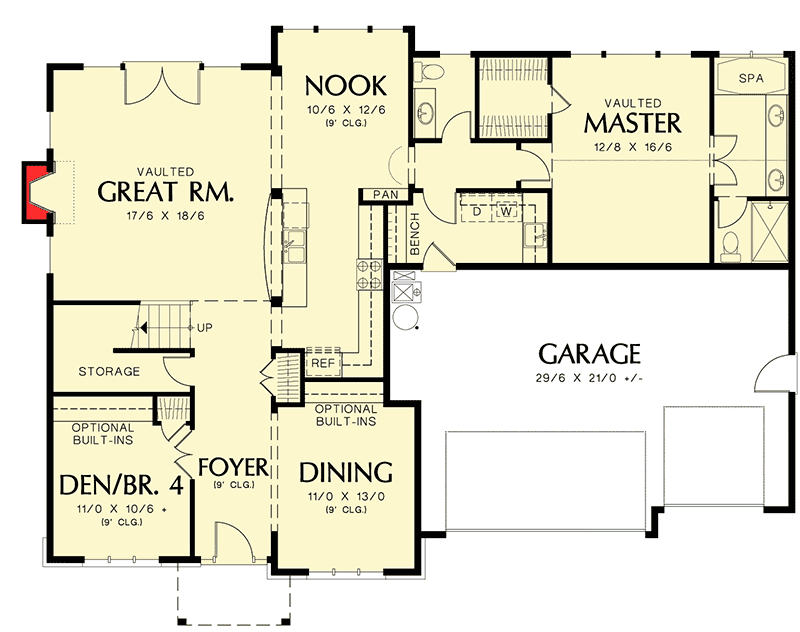 Plan 69208AM: 2-Story House Plan with Vaulted Master Suite and Bonus Room - Floor Plan - Main Level - Traditional