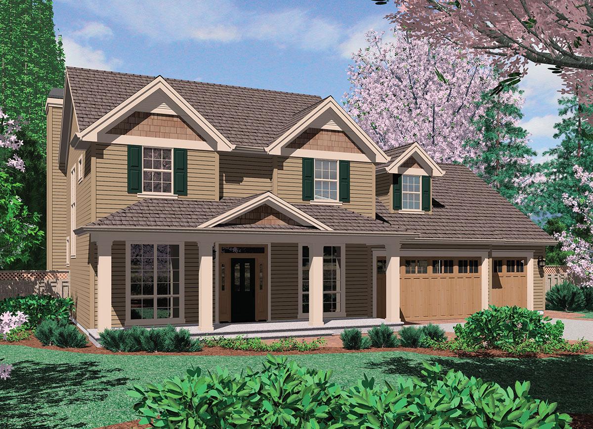 Two-story house plan exterior with a wraparound porch, dormer windows, and a two-car garage.