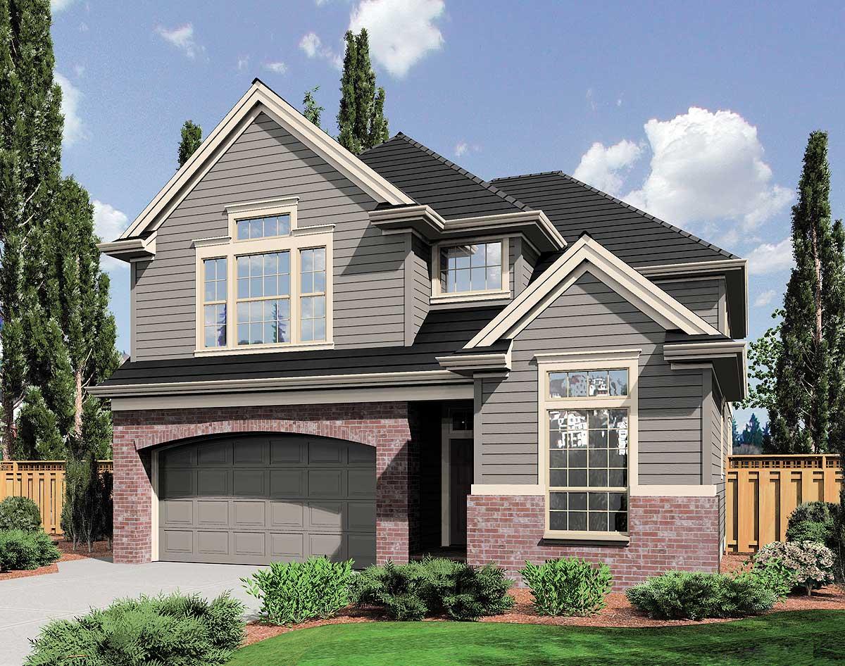 House plan exterior: Two-story, Modern Farmhouse style with vinyl siding, brick accents, gabled dormers, and arched garage.