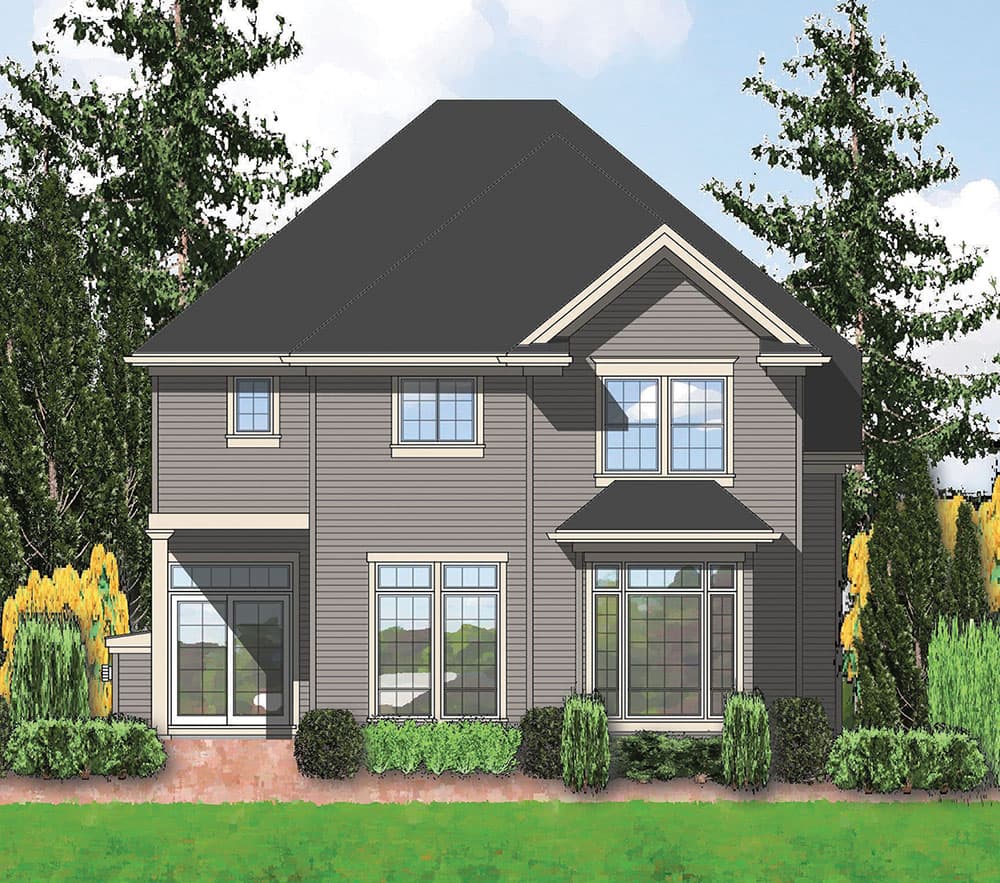 House plan exterior: two-story home with gables, a prominent central gable, and a bay window.