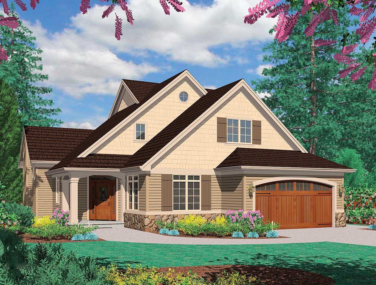 House plan exterior: Two-story home with covered entry porch, dormer, gable with circular window, and arched garage door.