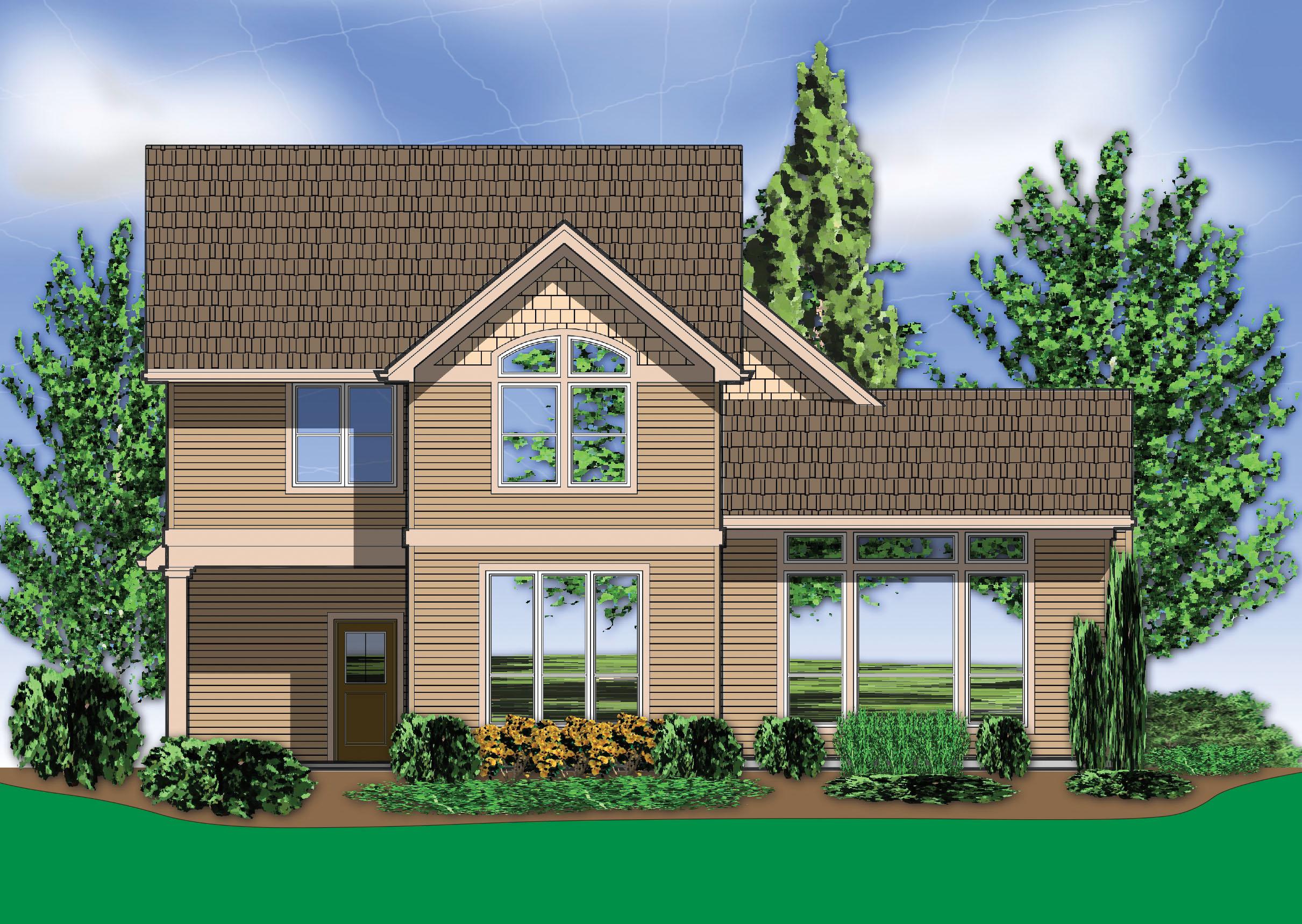 House plan exterior: two-story home with gable roof, dormer, horizontal siding, and prominent windows.