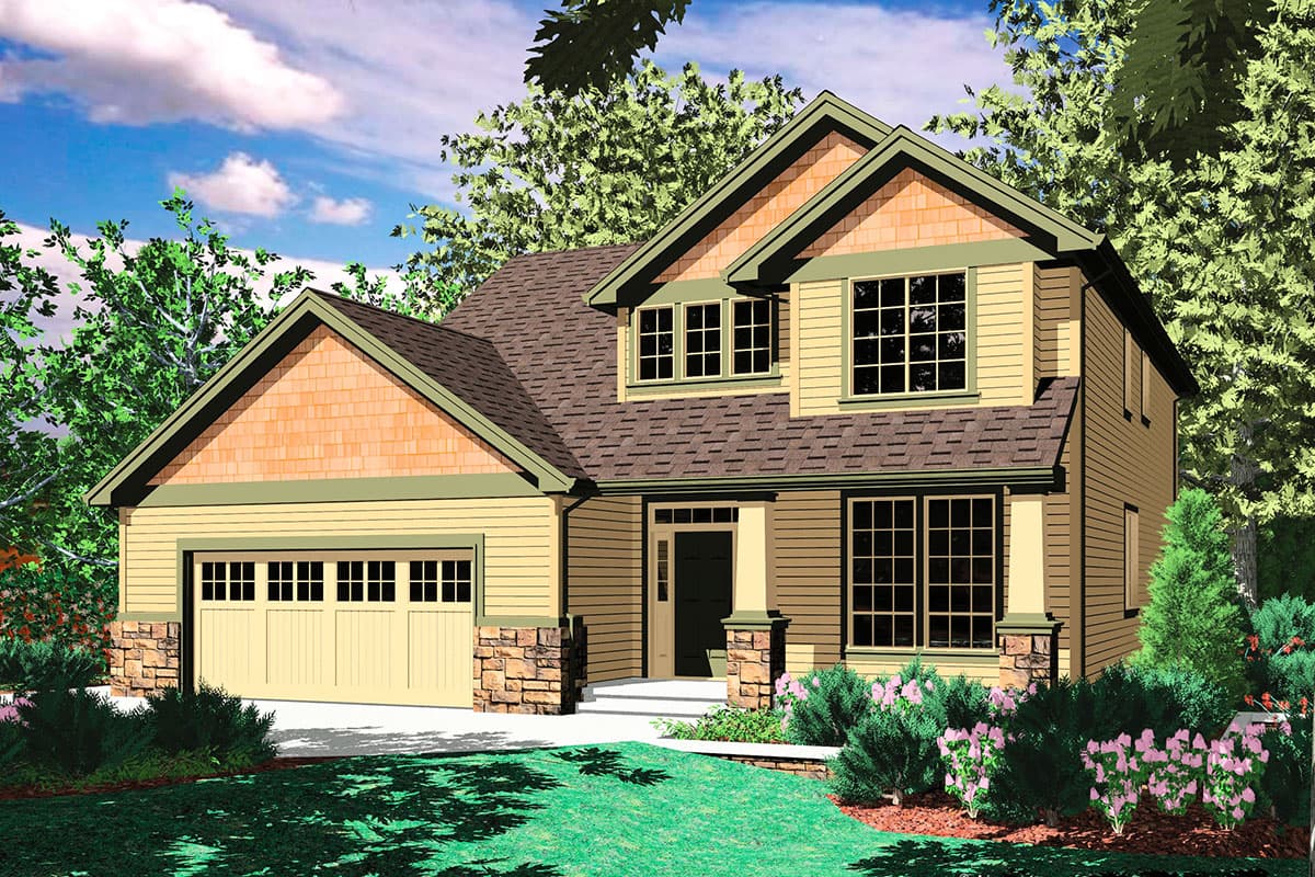 House plan exterior of a two-story home with a front-facing garage, dormers, and shingle accents.